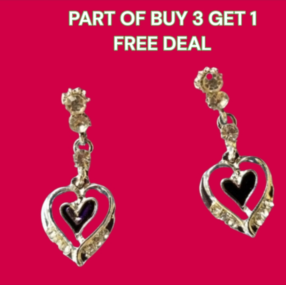 🖤Lovely Black / Silver Push-Back Heart Drop Earrings - NWOT